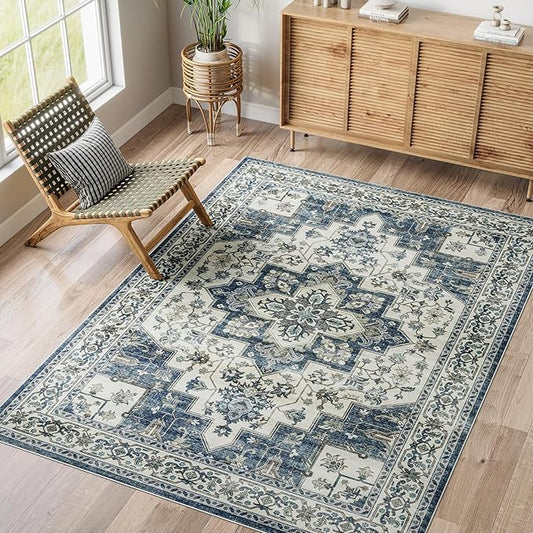 Dripex Vintage Washable Area Rug - 5x8 Distressed Rugs for Living Room Bedroom Oriental Medallion Floral Print Carpet Low-Pile Indoor Soft Non-Slip Accent Rug Farmhouse Office Home Decor