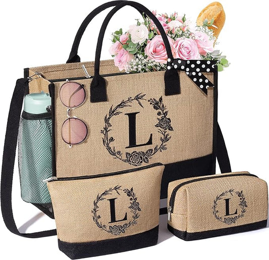 MAYICIVO Personalized Initial Jute Tote Bag & Makeup Bags Set, Large, Jute, Women's Gift for Birthday, Christmas, Mother's Day