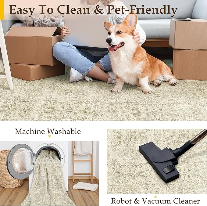 Vintage Area Rug 6x9 Beige Washable Living Room Large Carpet Non Slip Bedroom Indoor Office Low Pile Traditional Distressed Retro Accent Rug for Dining Room Kitchen