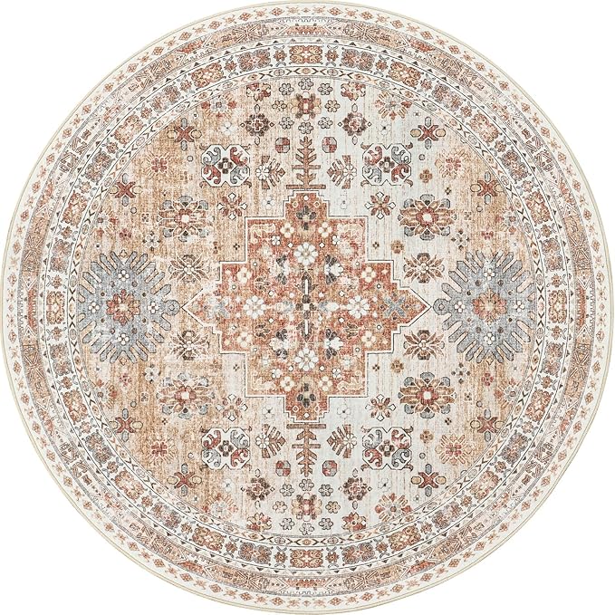 zesthome 8ft Round Rugs for Living Room, Non-Slip Washable Round Area Rugs, Ultra-Thin Large Circle Rugs, Soft Low Pile Rug for Bedroom, Kitchen - Vintage Stain Resistant Round Rug (Orange,8'x8')
