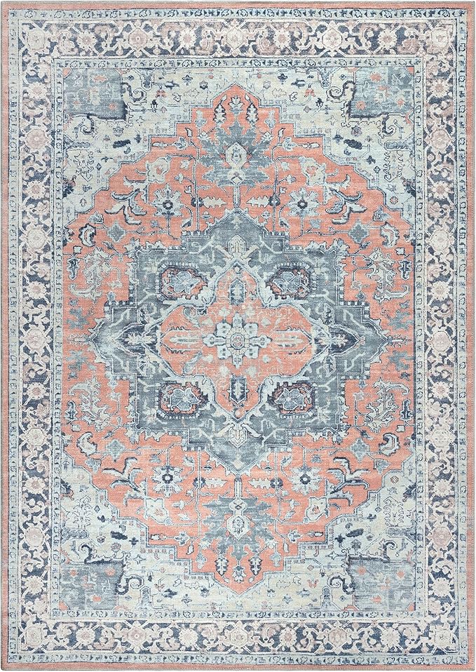 Bloom Rugs Washable Non-Slip 8' x 10' Rug - Coral/Blue Traditional Medallion Area Rug for Living Room, Bedroom, Dining Room, and Kitchen - Exact Size: 8' x 10'