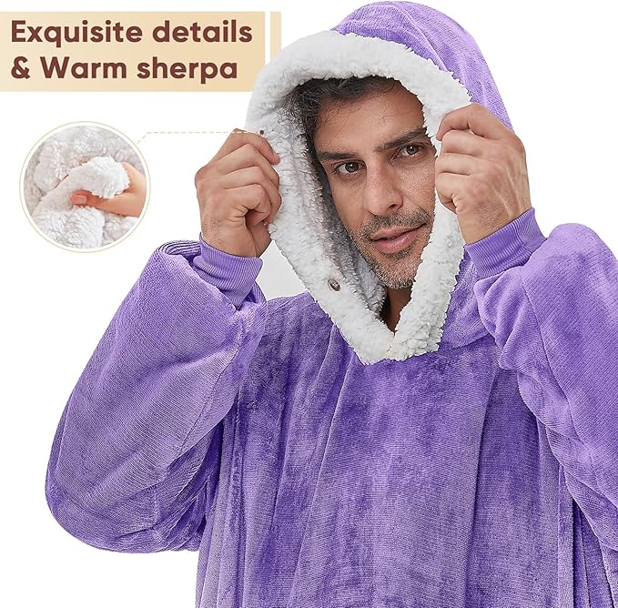 yescool Wearable Blanket Hoodie, Flannel Sherpa Fleece Blanket Sweatshirt for Adults Women Men, Big Plush Cozy Hooded Blanket with Hood, Pocket & Sleeves, Oversized, One Size Fits All (Purple)
