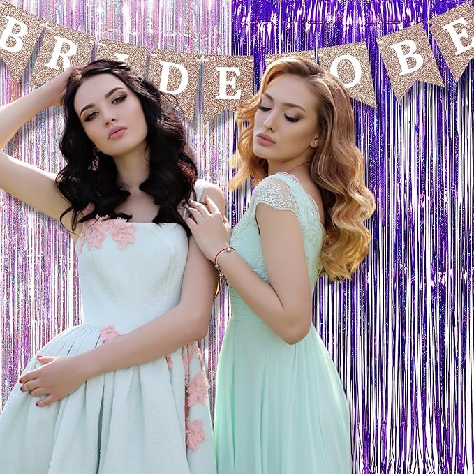 BRAVESHINE 1 Purple 1 Pink Streamers Party Photo Backdrop - 3.2 ft x 8.2 ft Metallic Tinsel Foil Fringe Curtains for Valentine’s Day/Women Birthdays/Engagement/Bridal Shower/Bachelorette Decorations