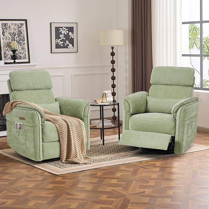 MELLCOM Power Recliner Rocking Chair Nursery Gliders with Adjustable Armrests and Headrest, Swivel Electric Glider Reclining Nursing Chair with USB Port and Storage Bags, FSC Certified(Fabric, Green)
