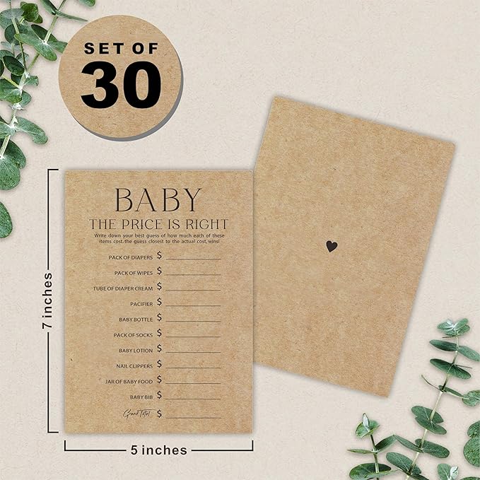 Baby Shower Game Card - Set Of 30 Minimalism Kraft Paper Double Print - The Price Is Right Game Cards For Baby Boy Girl, Baby Announcements, Gender Reveal Games, Party Favors And Supplies-B04