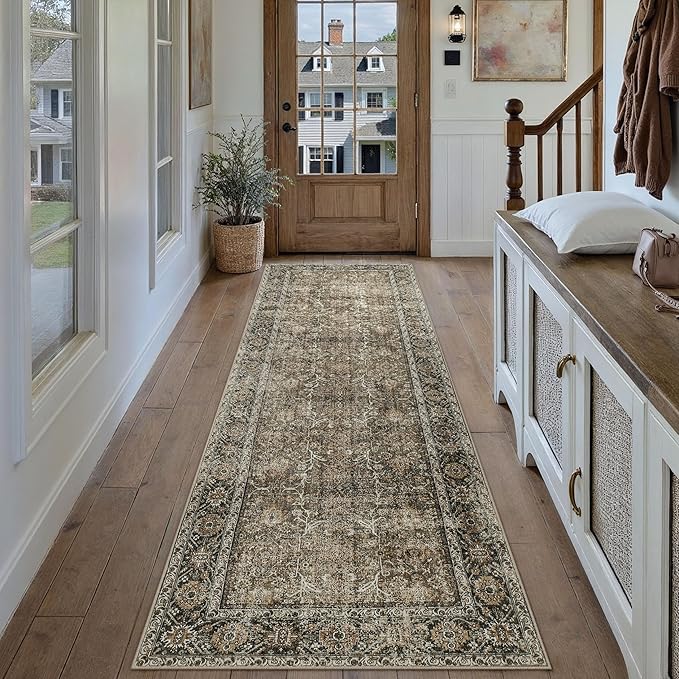 Brown Runner Rug 3x14 Vintage Area Carpet Hallway Long Indoor Kitchen Washable Living Room Low Pile Traditional Distressed Retro Accent Throw Rug Non Slip Laundry Bathroom Office Dining Room