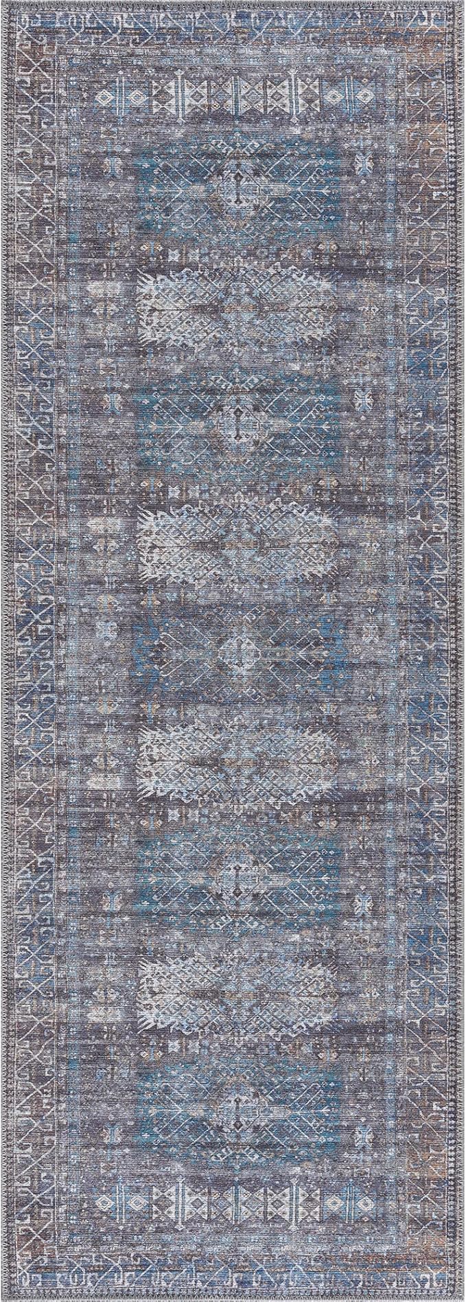 Bloom Rugs Washable 7 ft Runner - Slate Gray/Blue Traditional Runner for Entryway, Hallway, Bathroom, and Kitchen - Exact Size: 2.5' x 7'