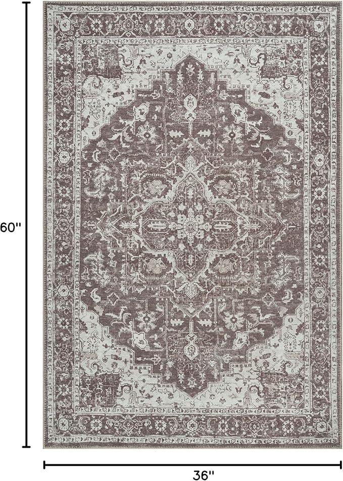 Bloom Rugs Washable Non-Slip 3' x 5' Rug - Dark Brown Traditional Medallion Area Rug for Living Room, Bedroom, Dining Room, and Kitchen - Exact Size: 3' x 5'