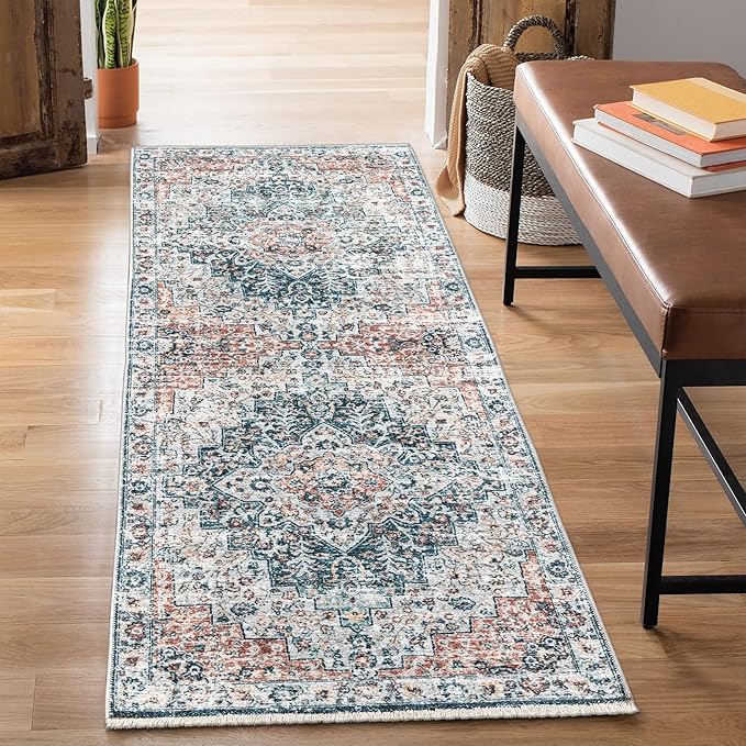 Bloom Rugs Caria Washable Non-Slip 10 ft Runner - Terracotta/Teal Traditional Runner for Entryway, Hallway, Bathroom, and Kitchen - Exact Size: 2'6" x 10'
