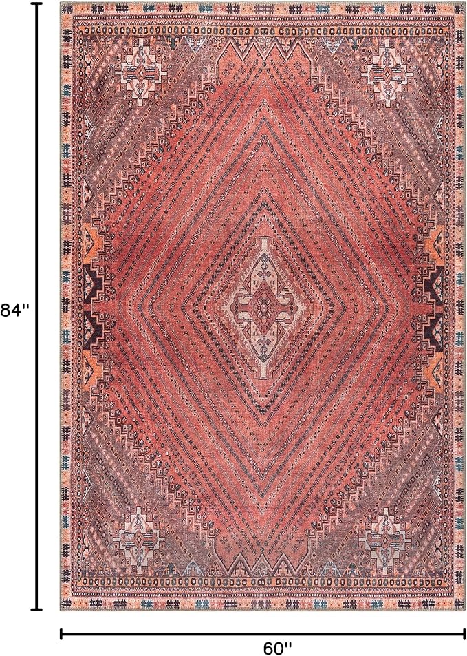 Bloom Rugs Washable Non-Slip 5' x 7' Rug - Red/Multicolor Traditional Bordered Area Rug for Living Room, Bedroom, Dining Room, and Kitchen - Exact Size: 5' x 7'