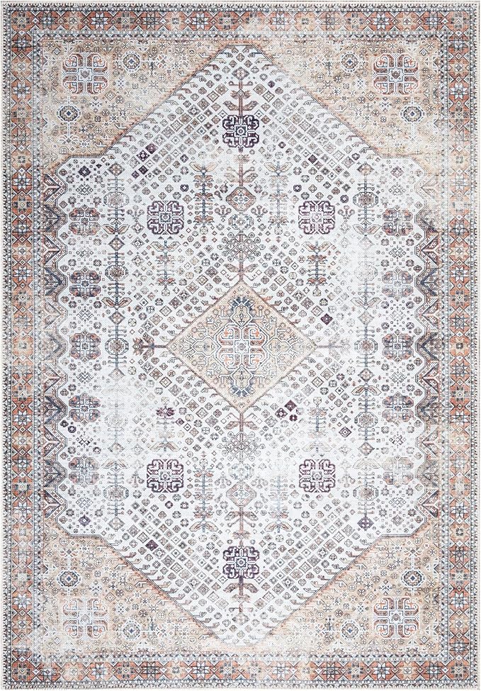 Bloom Rugs Washable Non-Slip 4' x 6' Rug - Sand/Orange/Purple Traditional Medallion Area Rug for Living Room, Bedroom, Dining Room, and Kitchen - Exact Size: 4' x 6'