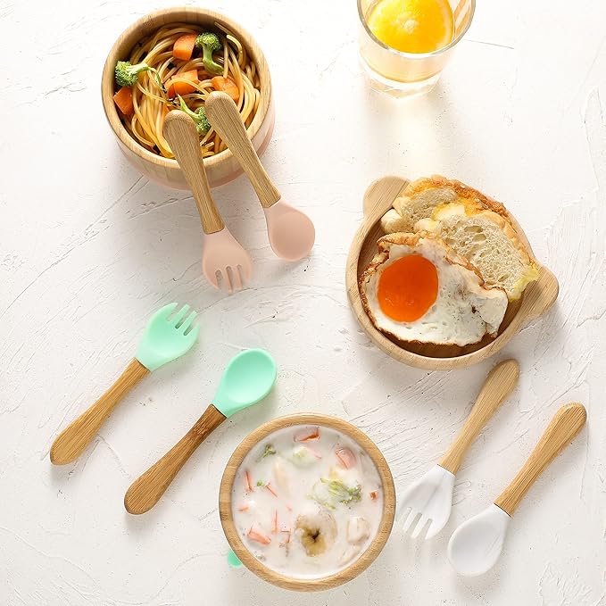Baby Bowls with Lid,HBM Bamboo Suction Bowls for Baby and Spoon Set,3PC Feeding Supplies Set for Infant, Toddlers,Detachable Silicone Suction Stay Put Base for Wooden Bowl (Marble)
