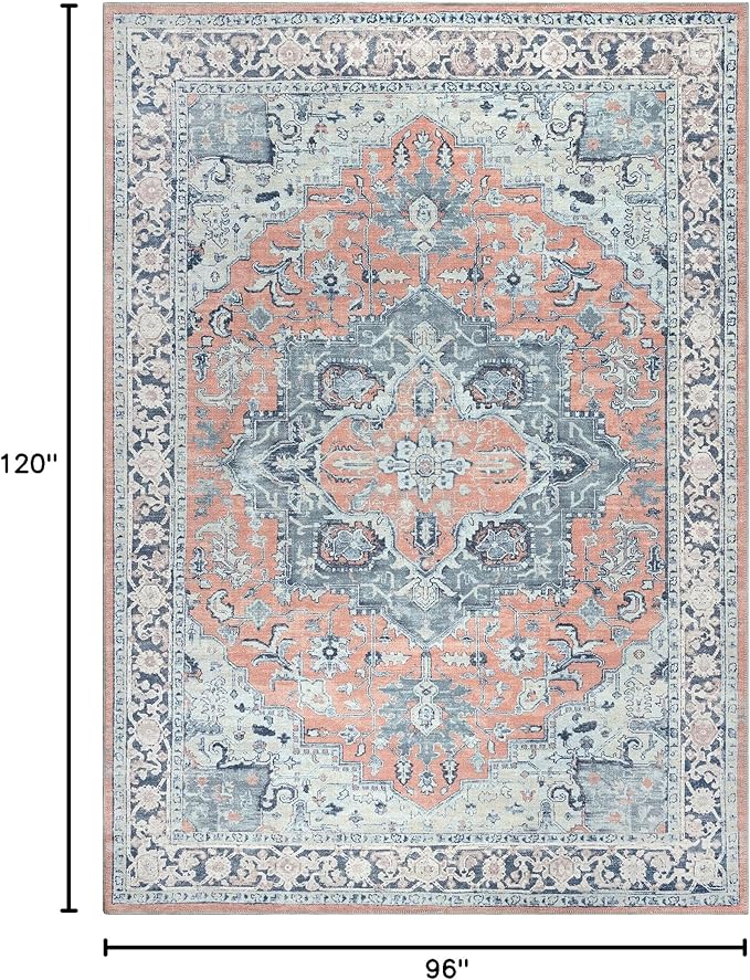 Bloom Rugs Washable Non-Slip 8' x 10' Rug - Coral/Blue Traditional Medallion Area Rug for Living Room, Bedroom, Dining Room, and Kitchen - Exact Size: 8' x 10'