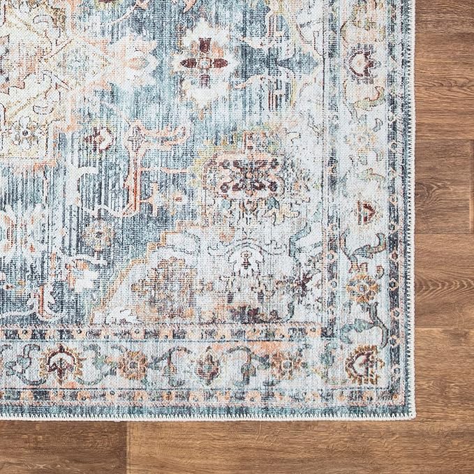 Bloom Rugs Washable Non-Slip 7 ft Runner - Teal/Peach Traditional Runner for Entryway, Hallway, Bathroom, and Kitchen - Exact Size: 2.5' x 7'