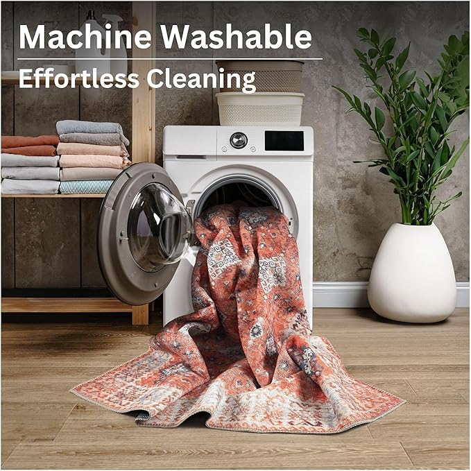 Bloom Rugs Washable Non-Slip 9' x 12' Rug - Orange Traditional Bordered Area Rug for Living Room, Bedroom, Dining Room, and Kitchen - Exact Size: 9' x 12'