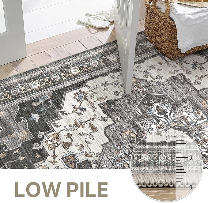 GENIMO 2X5 Hallway Runner Rug, Machine Washable Non Slip Vintage Floral Patchwork Runners, Thin Low Pile Chenille Carpet Runners for Entryway, Kitchen, Bathroom, Bedroom, Slate Gray