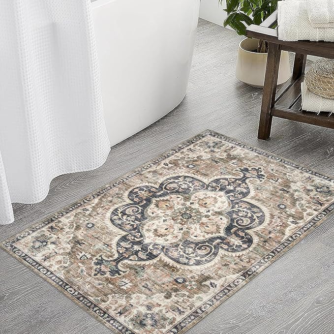ReaLife Rugs Machine Washable Area Rug - Living Room Bedroom Bathroom Kitchen Entryway Office - Padded Crease Free Stain Resistant Premium - Boho Farmhouse Vintage- Joy - Brown Tan - 2'x 3'