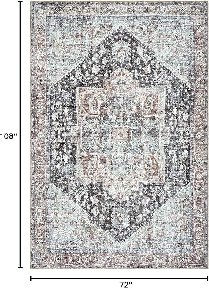 Bloom Rugs Washable Non-Slip 6' x 9' Rug - Charcoal/Brown Traditional Medallion Area Rug for Living Room, Bedroom, Dining Room, and Kitchen - Exact Size: 6' x 9'
