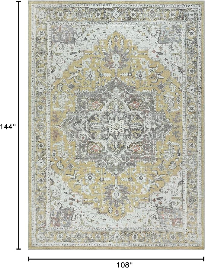 Bloom Rugs Washable Non-Slip 9' x 12' Rug - Yellow Traditional Medallion Area Rug for Living Room, Bedroom, Dining Room, and Kitchen - Exact Size: 9' x 12'