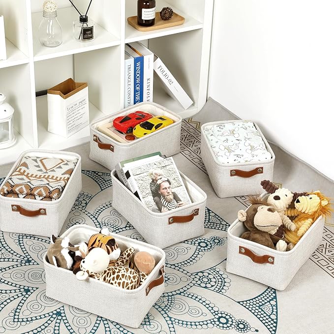 HNZIGE Fabric Storage Baskets for Organizing Small Storage Baskets for Shelf,6 Pack Shelf Baskets for Storage with Leather Handles, Foldable Baskets for Organizing Clothes(Cream 11.8" x 7.8" x 5.1")