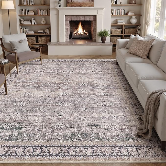 9x12 Purple Area Rug for Living Room Washable Vintage Distressed Carpet Large Bedroom Low Pile Non Slip Indoor Soft Retro Throw Accent Rug Office Kitchen Bathroom Dining Room