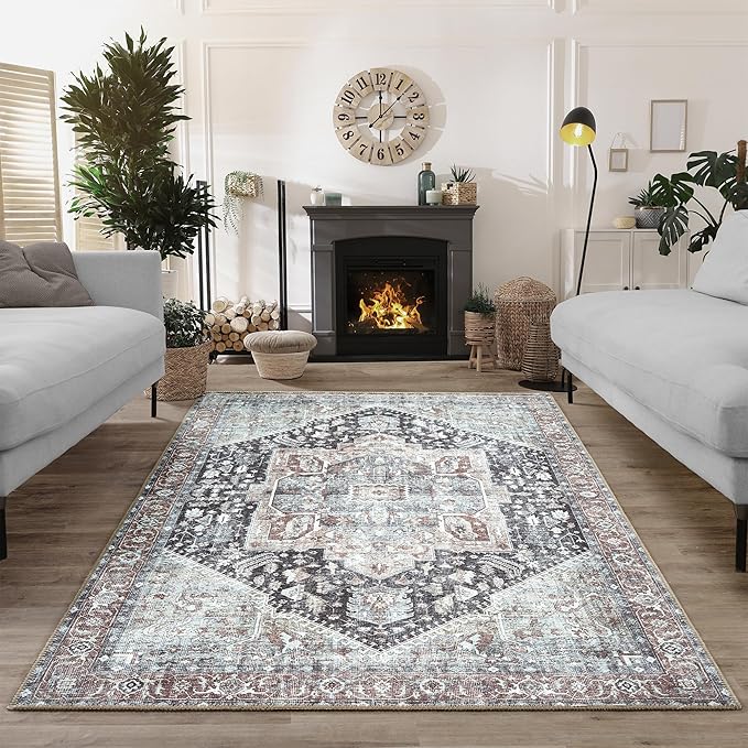 Bloom Rugs Washable Non-Slip 6' x 9' Rug - Charcoal/Brown Traditional Medallion Area Rug for Living Room, Bedroom, Dining Room, and Kitchen - Exact Size: 6' x 9'