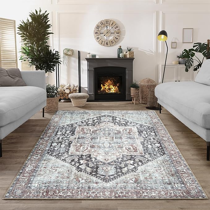 Bloom Rugs Washable Non-Slip 3' x 5' Rug - Charcoal/Brown Traditional Medallion Area Rug for Living Room, Bedroom, Dining Room, and Kitchen - Exact Size: 3' x 5'