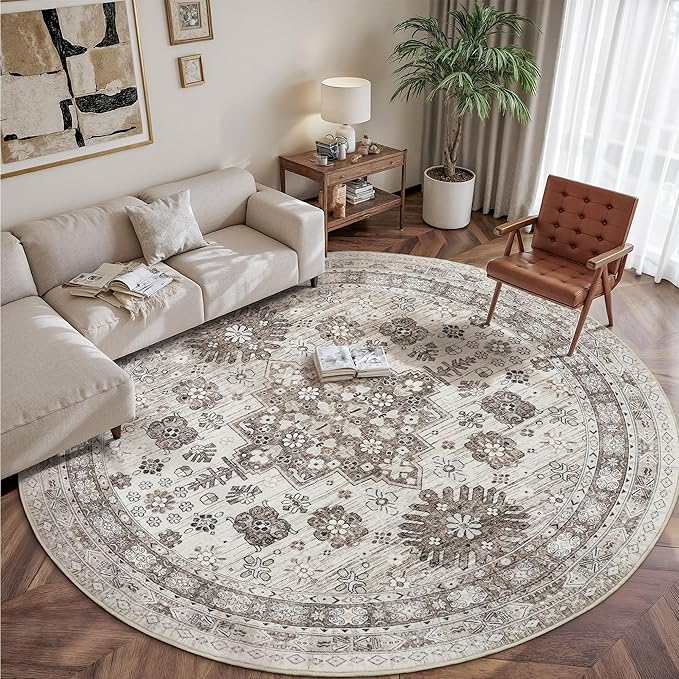 zesthome 9ft Round Rugs for Living Room, Non-Slip Washable Round Area Rugs, Ultra-Thin Large Circle Rugs, Soft Low Pile Rug for Bedroom, Kitchen - Vintage Stain Resistant Round Rug (Brown/Beige,9'x9')