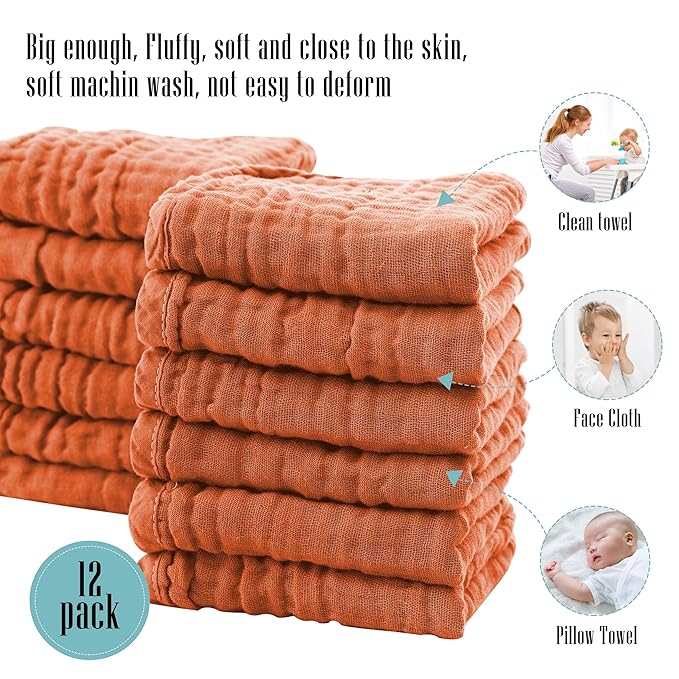 Cute Castle 12 Pack Muslin Burp Cloths for Baby - Ultra-Soft 100% Cotton Baby Washcloths - Large 20'' by 10'' Super Absorbent Milk Spit Up Rags - Burpy Cloths for Unisex, Boy, Girl - Vermilion