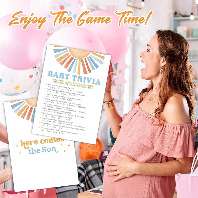 Sunshine Baby Trivia Shower Game Kit - Retro Here Comes The Sun - 30 Fill In Game Cards & 1 Answer Card For Baby Shower, Gender Reveal Party Favor, Activity & Supplies - A07
