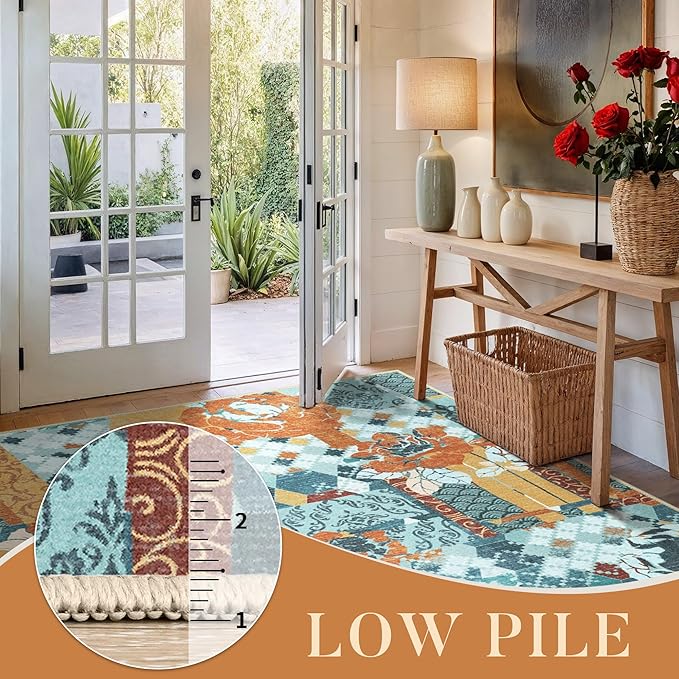 GENIMO 5X7 Floral Area Rugs for Living Room, Machine Washable Non Slip Vintage Patchwork Washable Rug, Ultra-Thin Low Pile Chenille Rugs for Bedroom, Dining Room, Navy Blue