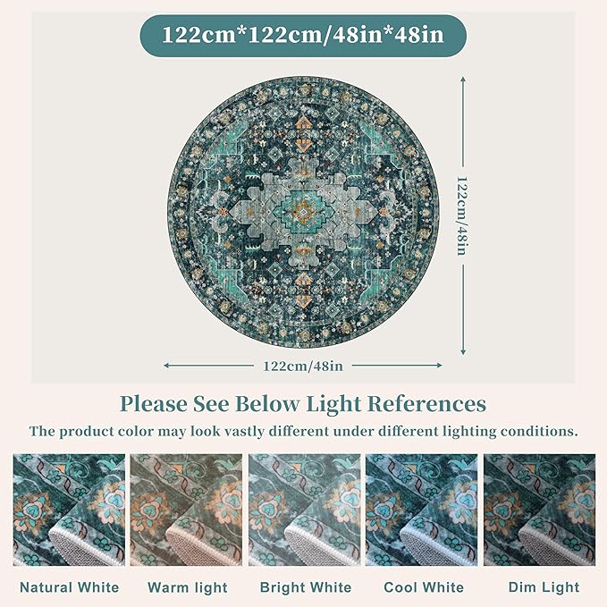 Ciicool Washable Area Rug Round 4’x4’ Teal Boho Bedroom Non-Slip Oriental Entry Throw Low-Pile Indoor Floor Carpet for Living Room Laundry Foyer Decor (Teal/Multi)