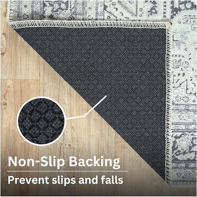 Bloom Rugs Washable Non-Slip 10 ft Runner - Charcoal Blue Traditional Medallion Runner for Entryway, Hallway, Bathroom, and Kitchen - Exact Size: 2.5' x 10'