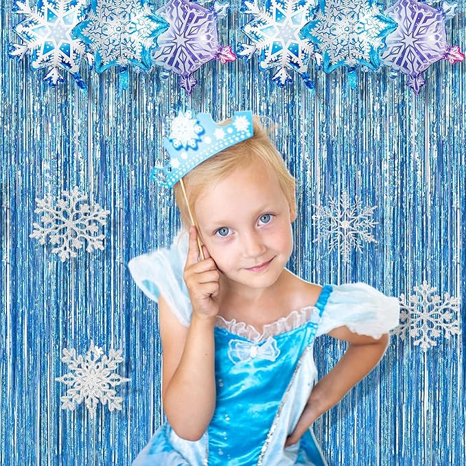 BRAVESHINE Light Blue Tinsel Foil Fringe Curtains - 2Pcs 3.2x8.2 ft Metallic Holiday Photo Booth Backdrop for Easter Birthdays Mermaid Frozen Sea Bachelorette Party Streamers Decorations