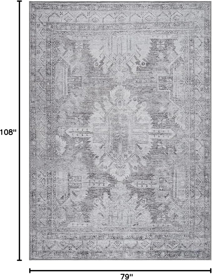 Bloom Rugs Washable 6' x 9' Rug - Ivory/Silver Gray Traditional Area Rug for Living Room, Bedroom, Dining Room, and Kitchen - Exact Size: 6' x 9'