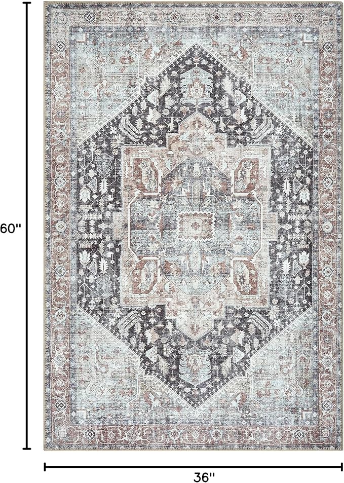 Bloom Rugs Washable Non-Slip 3' x 5' Rug - Charcoal/Brown Traditional Medallion Area Rug for Living Room, Bedroom, Dining Room, and Kitchen - Exact Size: 3' x 5'