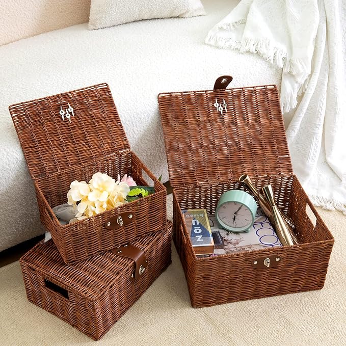Set of 3 Woven Wicker Storage Basket Box with Lid & Lock, Built-in Carry Handles, Multifunctional Storage Organiser for Nursery, Baby, Clothes, Toys, Books, Large/Medium/Small Size (Natural)