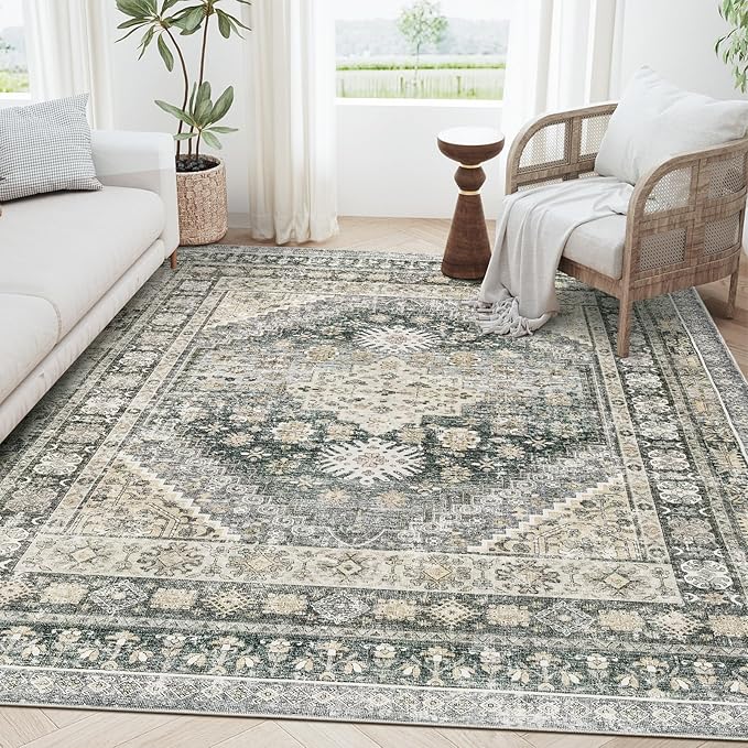 zesthome 5x7 Area Rugs - Ultra-Thin Washble Rug, Stain Resistant Anti Slip Backing Rugs for Living Room,Bedroom, Vintage Home Decor Area Rug (Wheat/Charcoal,5'x7')