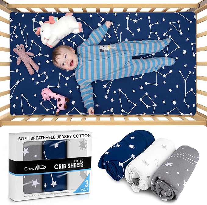 Fitted Unisex Crib Sheets (3 Pack) by GROW WILD - Jersey Knit Cotton Crib Sheets for Boys or Girls, 52β x 28β x 9β Crib Bedding Set (Moon, Stars and Constellation)