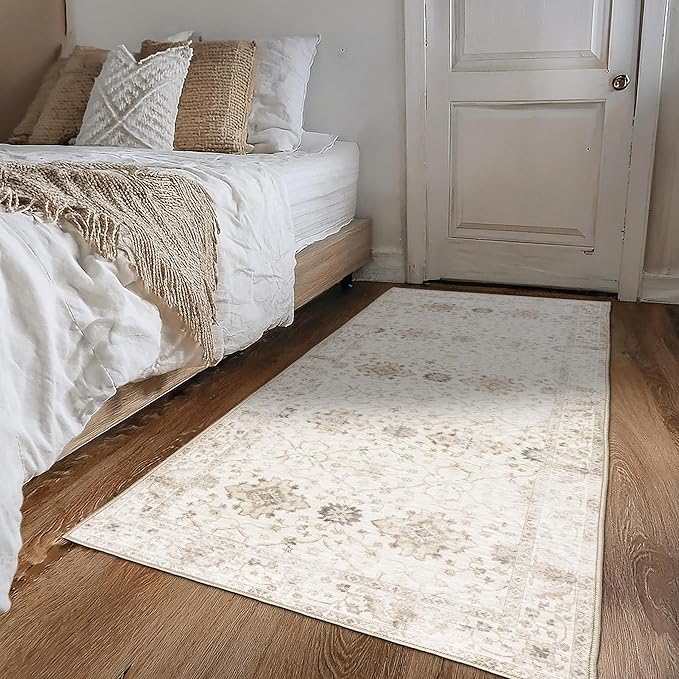 ReaLife Rugs Machine Washable Area Rug - Living Room Bedroom Bathroom Kitchen Entryway Office - Padded Crease Free Stain Resistant Premium - Boho Farmhouse Vintage- BEV- Beige - 2'x 3'