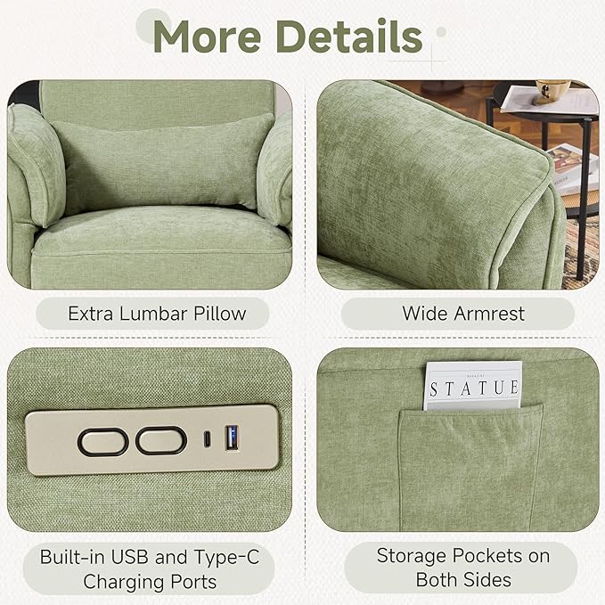 MELLCOM Power Recliner Rocking Chair Nursery Gliders with Adjustable Armrests and Headrest, Swivel Electric Glider Reclining Nursing Chair with USB Port and Storage Bags, FSC Certified(Fabric, Green)