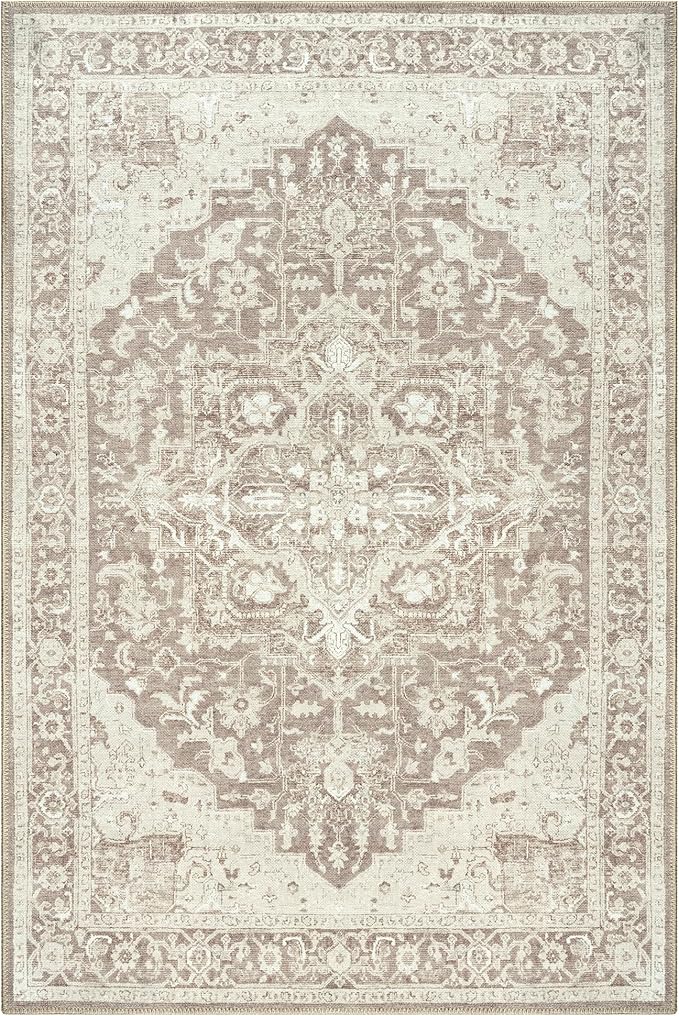 Bloom Rugs Washable Non-Slip 3' x 5' Rug - Light Brown Traditional Medallion Area Rug for Living Room, Bedroom, Dining Room, and Kitchen - Exact Size: 3' x 5'