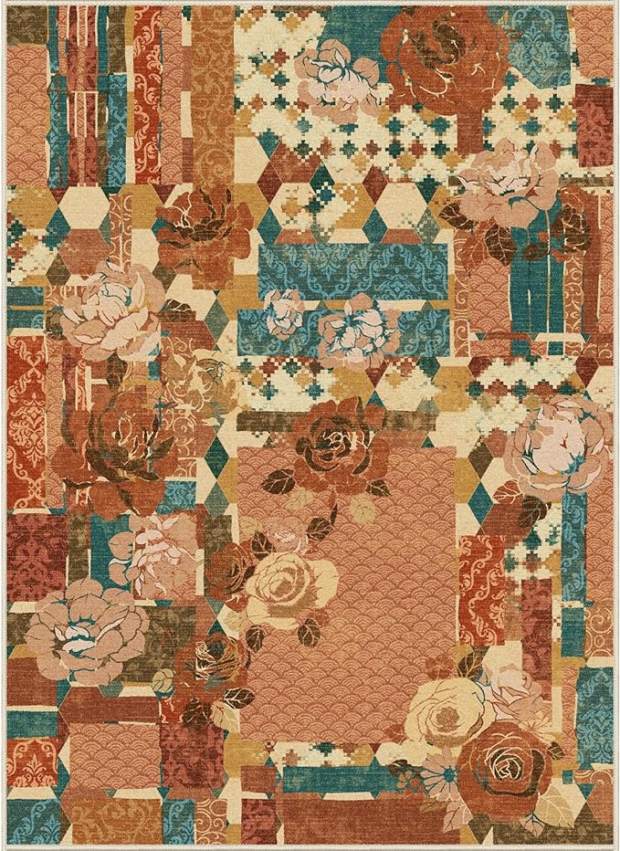 GENIMO 5X7 Floral Area Rugs for Living Room, Machine Washable Non Slip Vintage Patchwork Washable Rug, Ultra-Thin Low Pile Chenille Rugs for Bedroom, Dining Room, Rose Red