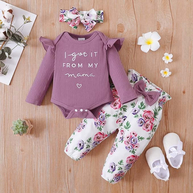 DISAUR Baby Girls Clothes Newborn Infant Baby Girls Outfit Long Sleeve Ruffle Romper Floral Pants Headband Sets 0-18 Months