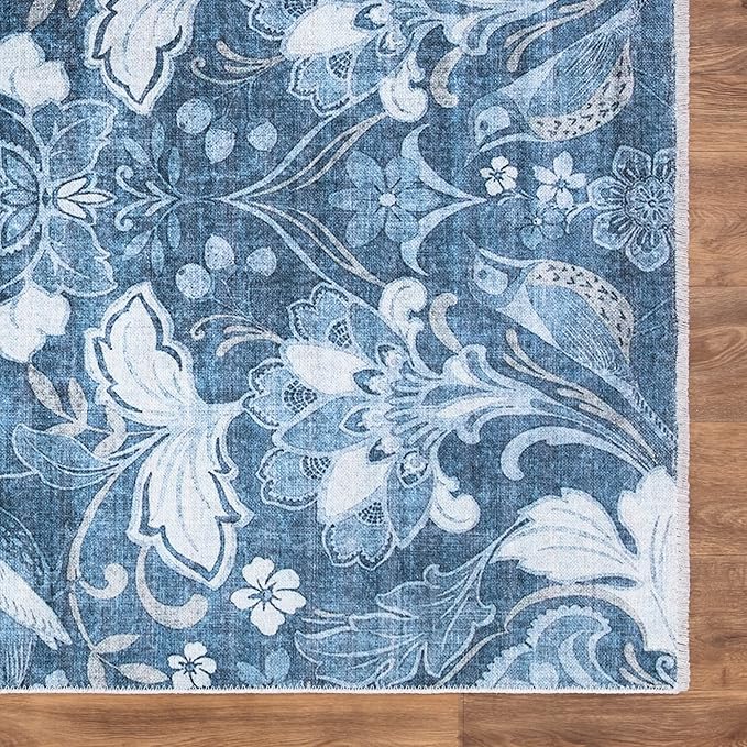 Bloom Rugs Caria Washable Non-Slip 10 ft Runner - Blue/Ivory Floral Runner for Entryway, Hallway, Bathroom, and Kitchen - Exact Size: 2'6" x 10'