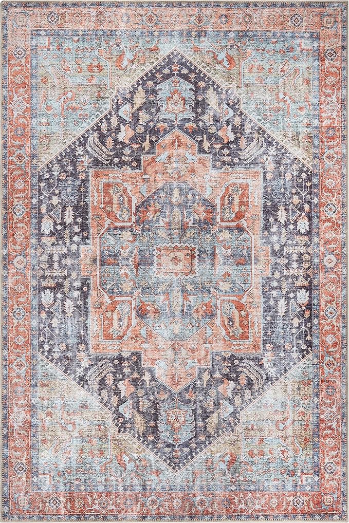 Bloom Rugs Washable Non-Slip 6' x 9' Rug - Terracotta/Blue Traditional Medallion Area Rug for Living Room, Bedroom, Dining Room, and Kitchen - Exact Size: 6' x 9'