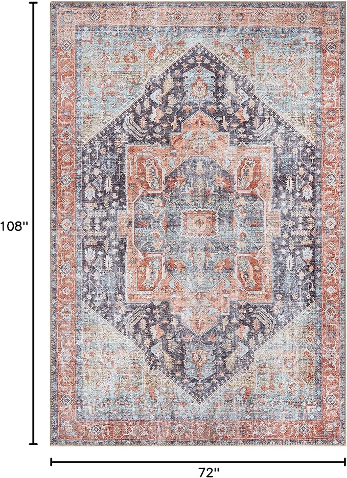 Bloom Rugs Washable Non-Slip 6' x 9' Rug - Terracotta/Blue Traditional Medallion Area Rug for Living Room, Bedroom, Dining Room, and Kitchen - Exact Size: 6' x 9'