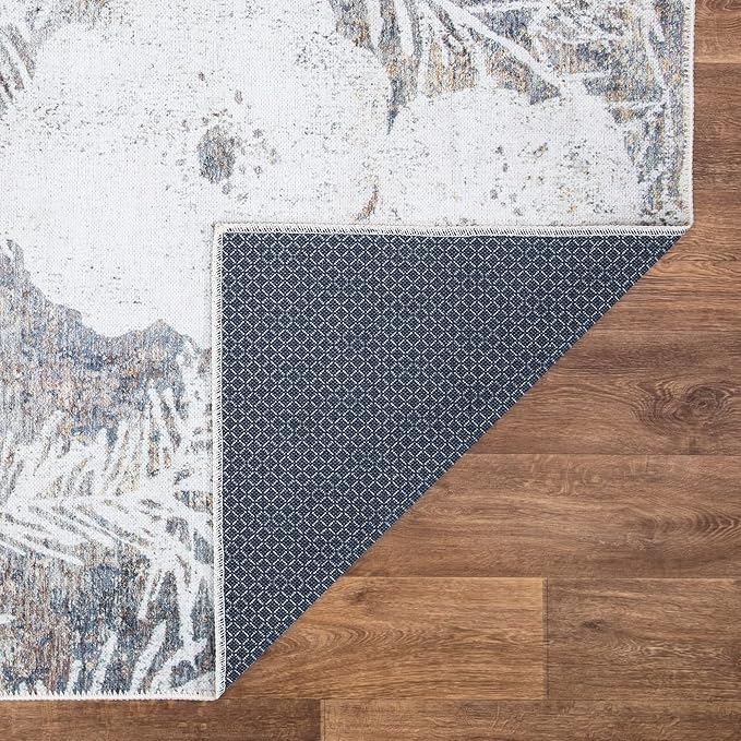 Bloom Rugs Washable Non-Slip 8' x 10' Rug - Tan/Brown/Blue Modern Floral Area Rug for Living Room, Bedroom, Dining Room, and Kitchen - Exact Size: 8' x 10'