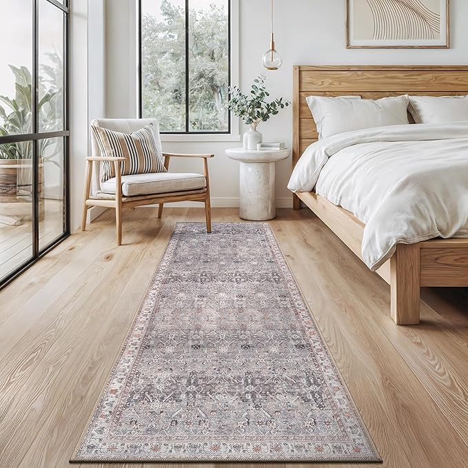 Bloom Rugs Washable Non-Slip 7 ft Runner - Gray Traditional Bordered Runner for Entryway, Hallway, Bathroom, and Kitchen - Exact Size: 2.5' x 7'