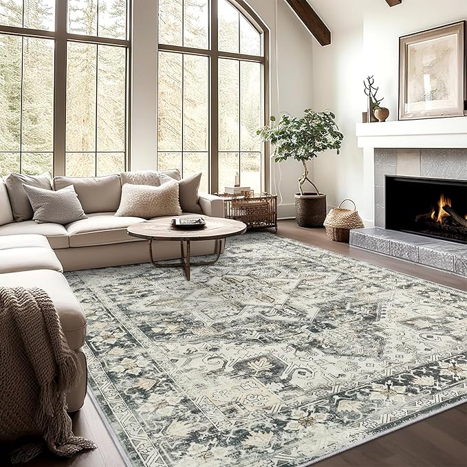 zesthome 9x12 Area Rugs,Stain Resistant Washable Rug,Ultra-Thin Rugs for Living Room,Bedroom,Non-Slip Backing Home Decor Large Area Rug (Grey/Beige,9'x12')